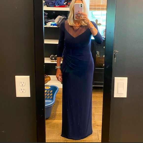 LAUREN - Ralph Lauren Evening Maxi Cocktail Dress Side Knot sheer panel Navy - Picture 1 of 10